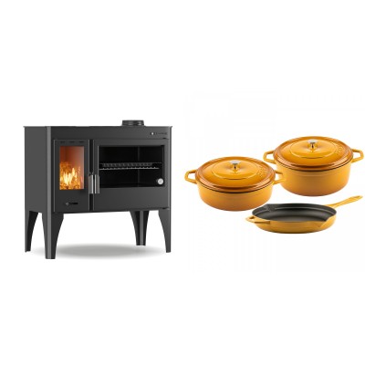 Set Küchenofen / Küchenhexe mit Backofen und Kochplatte Velmora Fire ATS ΜΑSΙΝΑ PLUS 500, 11.2kW + Gusseisen Topf Set aus 3 teilen Solagio, Dijon - Kaminofen - Holzofen mit Backfach