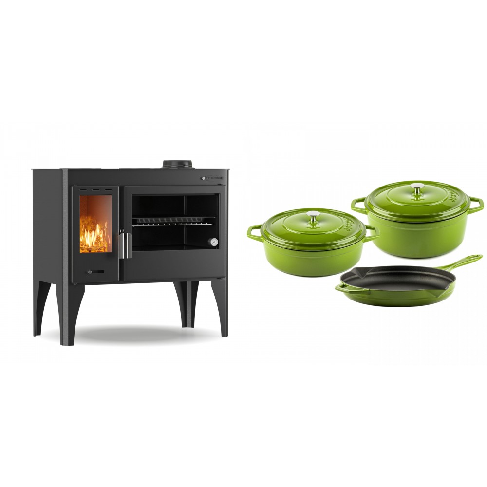 Set Küchenofen / Küchenhexe mit Backofen und Kochplatte Velmora Fire ATS ΜΑSΙΝΑ PLUS 500, 11.2kW + Gusseisen Topf Set aus 3 teilen Solagio, Bamboo