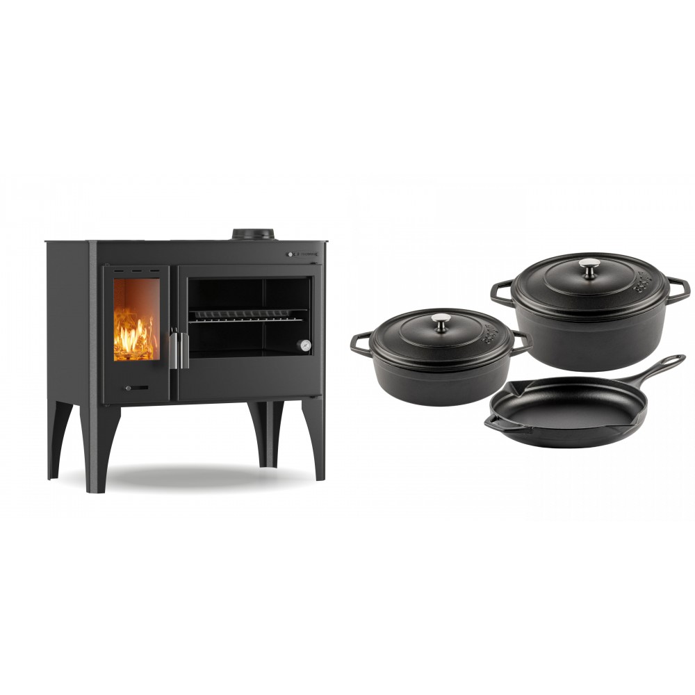 Set Küchenofen / Küchenhexe mit Backofen und Kochplatte Velmora Fire ATS ΜΑSΙΝΑ PLUS 500, 11.2kW + Gusseisen Topf Set aus 3 teilen Solagio, Black Onyx