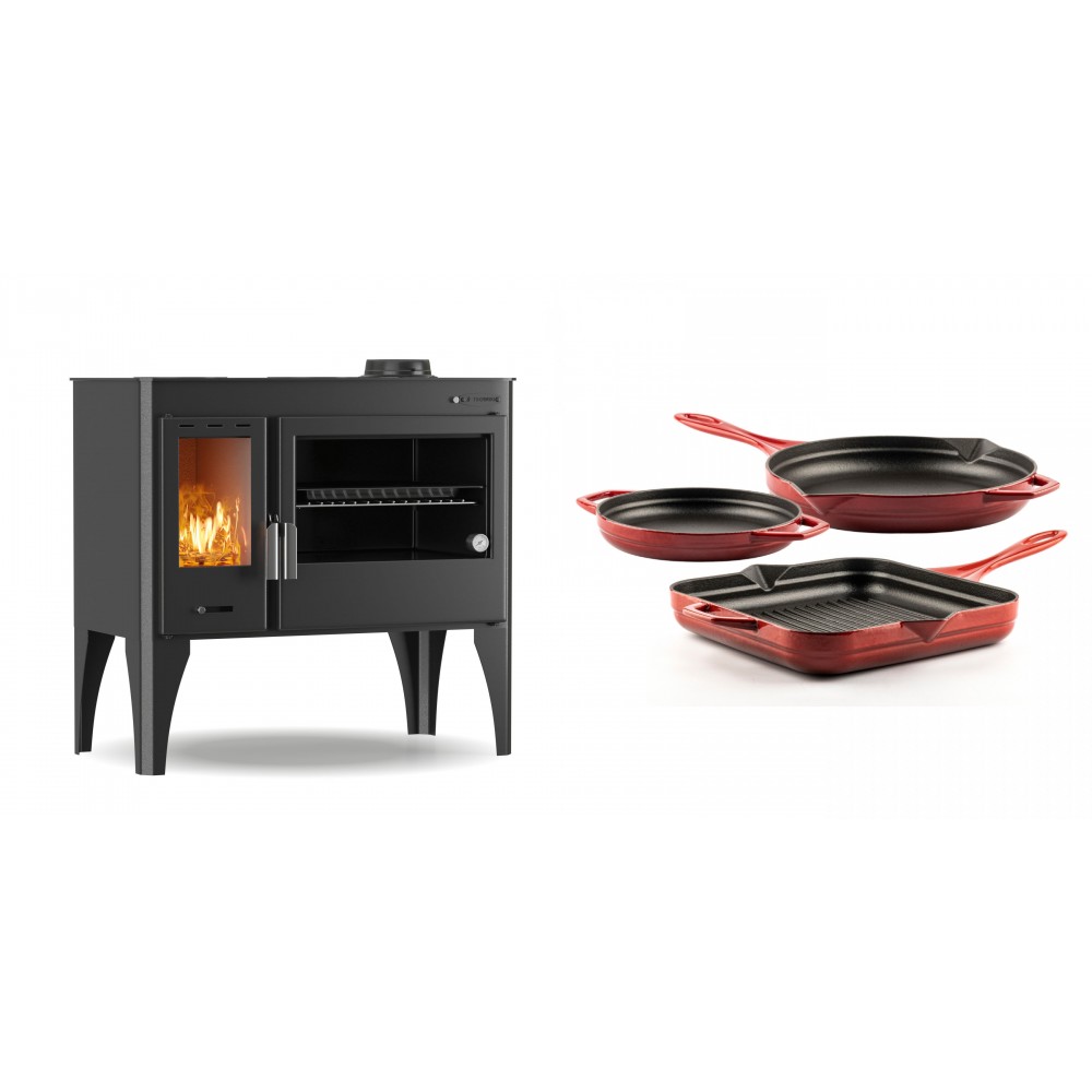 Set Küchenofen / Küchenhexe mit Backofen und Kochplatte Velmora Fire ATS ΜΑSΙΝΑ PLUS 500, 11.2kW + Gusseisen Topf Set aus 3 teilen Solagio, Rubin