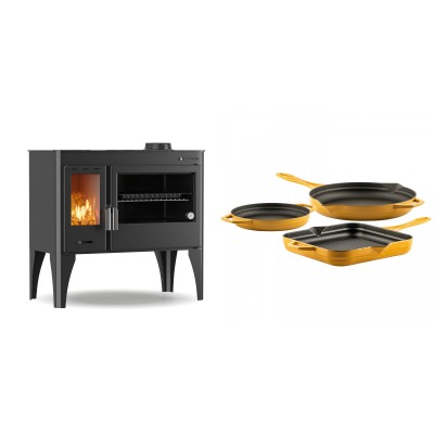 Set Küchenofen / Küchenhexe mit Backofen und Kochplatte Velmora Fire ATS ΜΑSΙΝΑ PLUS 500, 11.2kW + Gusseisen Topf Set aus 3 teilen Solagio, Dijon - Kaminofen - Holzofen mit Backfach