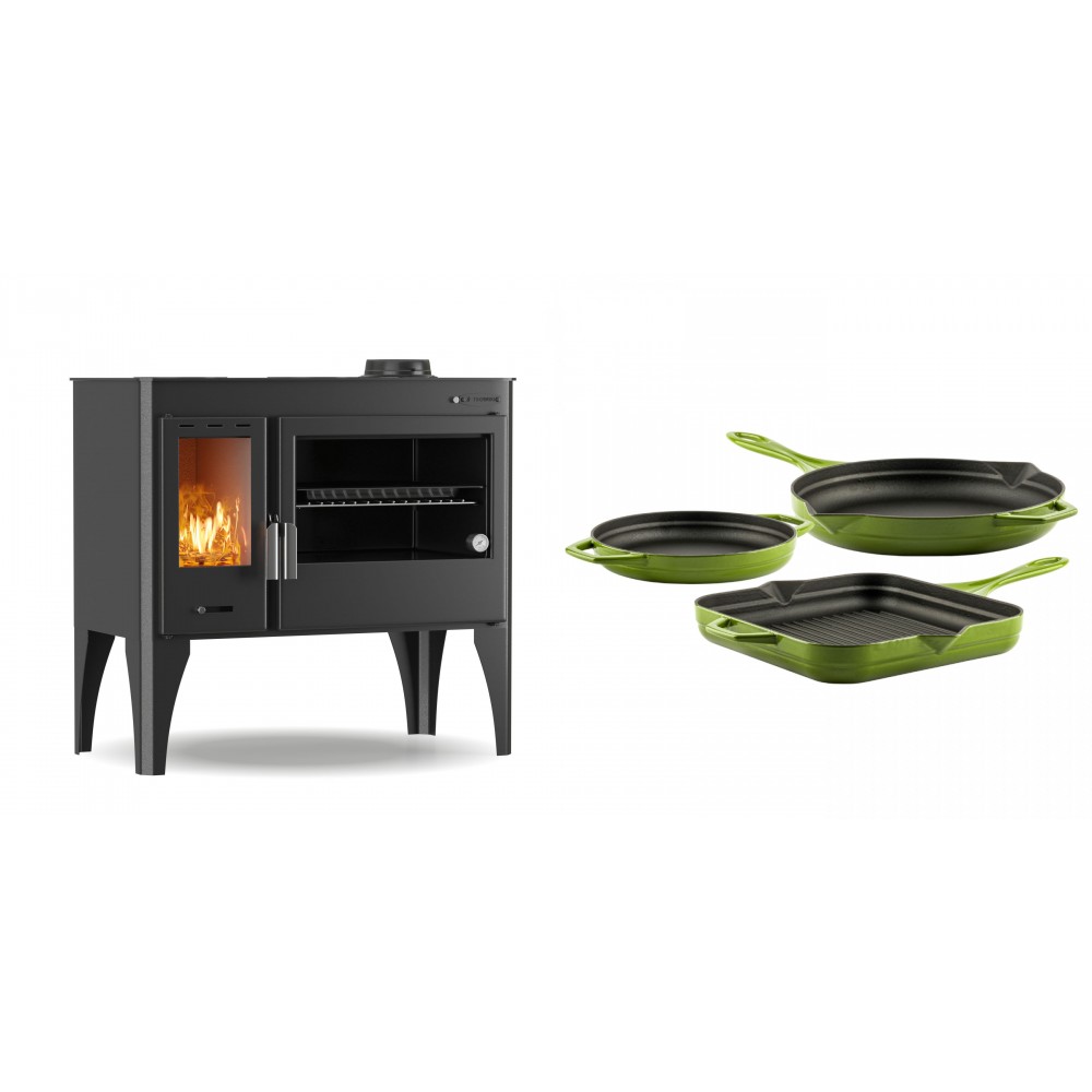 Set Küchenofen / Küchenhexe mit Backofen und Kochplatte Velmora Fire ATS ΜΑSΙΝΑ PLUS 500, 11.2kW + Gusseisen Topf Set aus 3 teilen Solagio, Bamboo