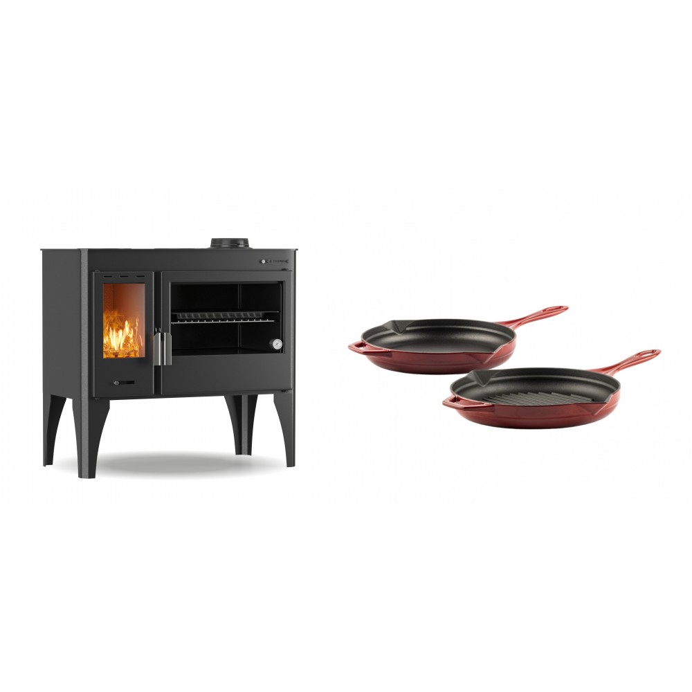 Set Küchenofen / Küchenhexe mit Backofen und Kochplatte Velmora Fire ATS ΜΑSΙΝΑ PLUS 500, 11.2kW + Gusseisen Topf Set aus 2 teilen Solagio, Rubin | Holzofen | Kaminofen |