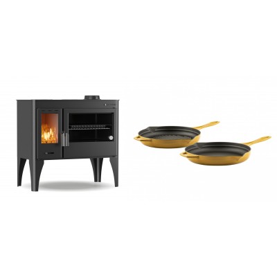 Set Küchenofen / Küchenhexe mit Backofen und Kochplatte Velmora Fire ATS ΜΑSΙΝΑ PLUS 500, 11.2kW + Gusseisen Topf Set aus 2 teilen Solagio, Dijon - Kaminofen - Holzofen mit Backfach