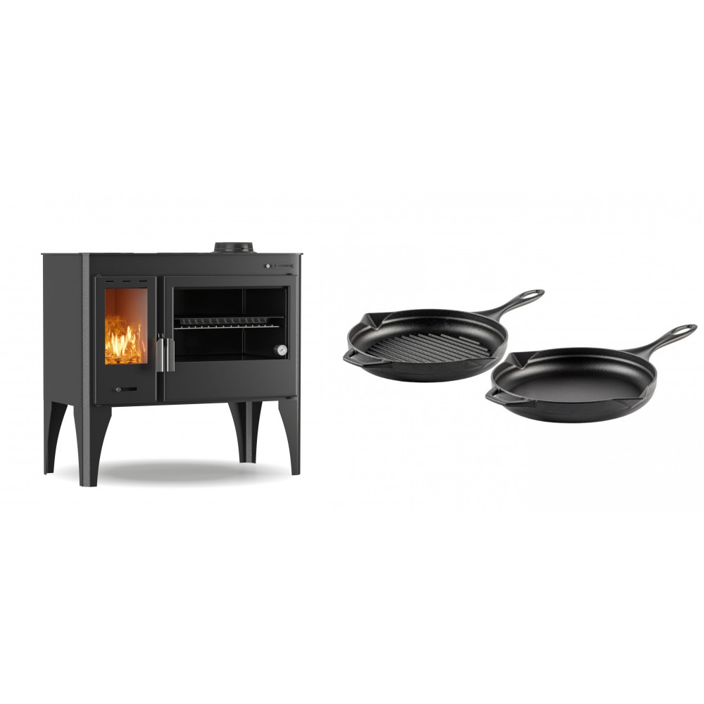 Set Küchenofen / Küchenhexe mit Backofen und Kochplatte Velmora Fire ATS ΜΑSΙΝΑ PLUS 500, 11.2kW + Gusseisen Topf Set aus 2 teilen Solagio, Black Onyx