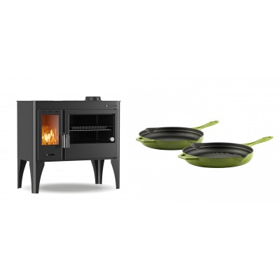 Set Küchenofen / Küchenhexe mit Backofen und Kochplatte Velmora Fire ATS ΜΑSΙΝΑ PLUS 500, 11.2kW + Gusseisen Topf Set aus 2 teilen Solagio, Bamboo - Kaminofen - Holzofen mit Backfach