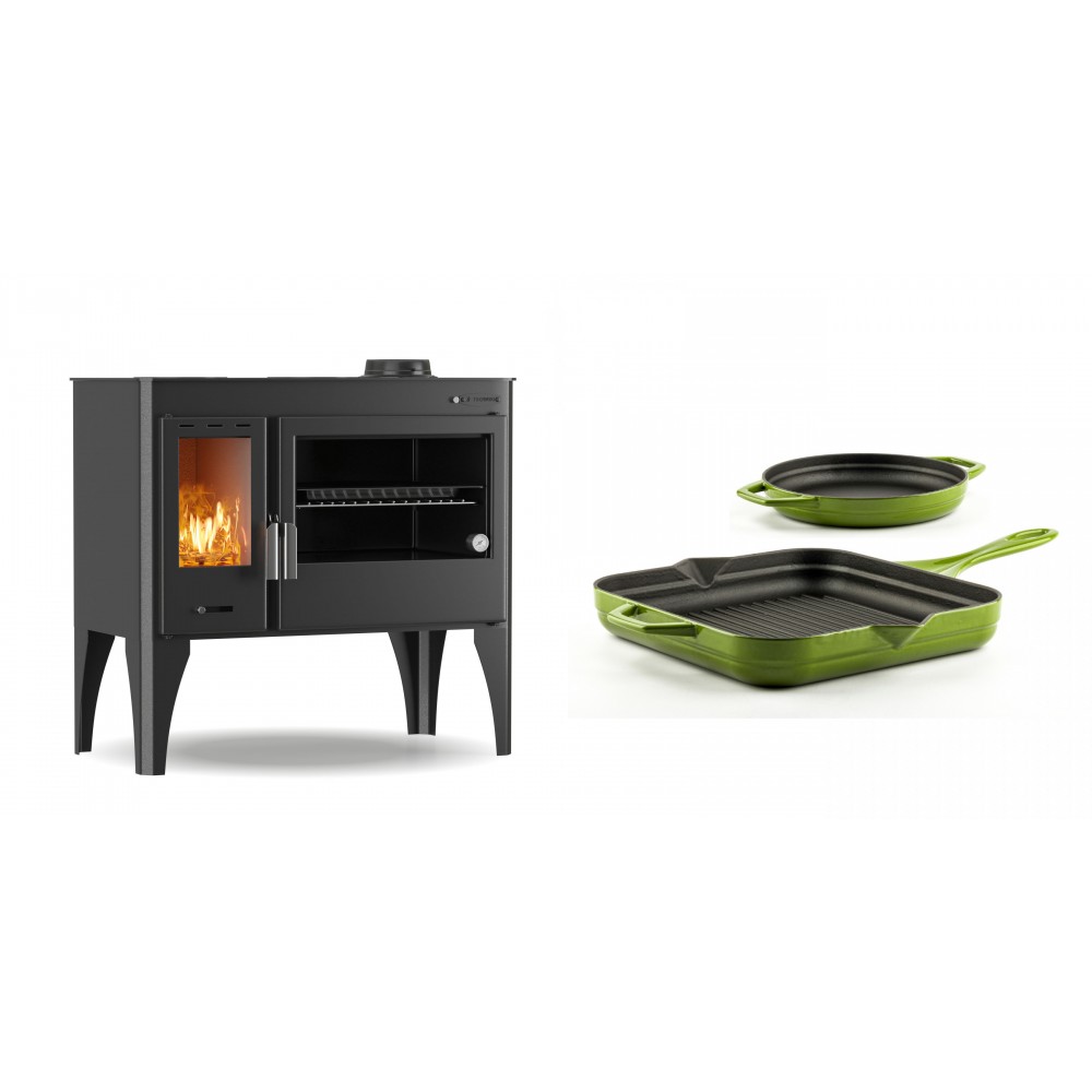 Set Küchenofen / Küchenhexe mit Backofen und Kochplatte Velmora Fire ATS ΜΑSΙΝΑ PLUS 500, 11.2kW + Gusseisen Topf Set aus 2 teilen Solagio, Bamboo | Holzofen | Kaminofen |