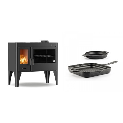 Set Küchenofen / Küchenhexe mit Backofen und Kochplatte Velmora Fire ATS ΜΑSΙΝΑ PLUS 500, 11.2kW + Gusseisen Topf Set aus 2 teilen Solagio, Black Onyx - Kaminofen - Holzofen mit Backfach