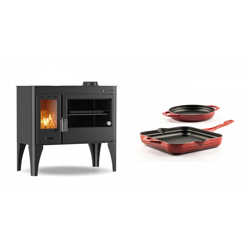 Set Küchenofen / Küchenhexe mit Backofen und Kochplatte Velmora Fire ATS ΜΑSΙΝΑ PLUS 500, 11.2kW + Gusseisen Topf Set aus 2 teilen Solagio, Rubin | Holzofen | Kaminofen |