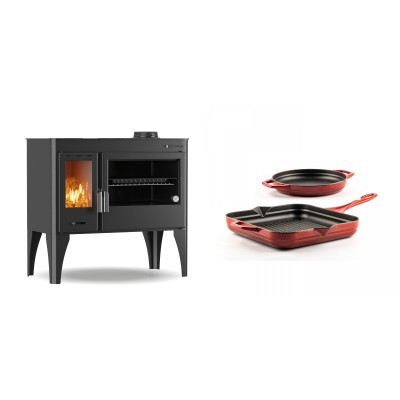 Set Küchenofen / Küchenhexe mit Backofen und Kochplatte Velmora Fire ATS ΜΑSΙΝΑ PLUS 500, 11.2kW + Gusseisen Topf Set aus 2 teilen Solagio, Rubin - Kaminofen - Holzofen mit Backfach