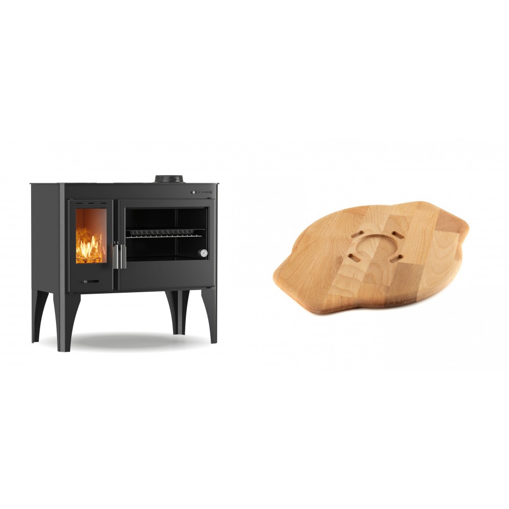 Set Küchenofen / Küchenhexe mit Backofen und Kochplatte Velmora Fire ATS ΜΑSΙΝΑ PLUS 500, 11.2kW + Holz untersetzer für Gusseisenplatte Solagio HSYSAK28 | Holzofen | Kaminofen |