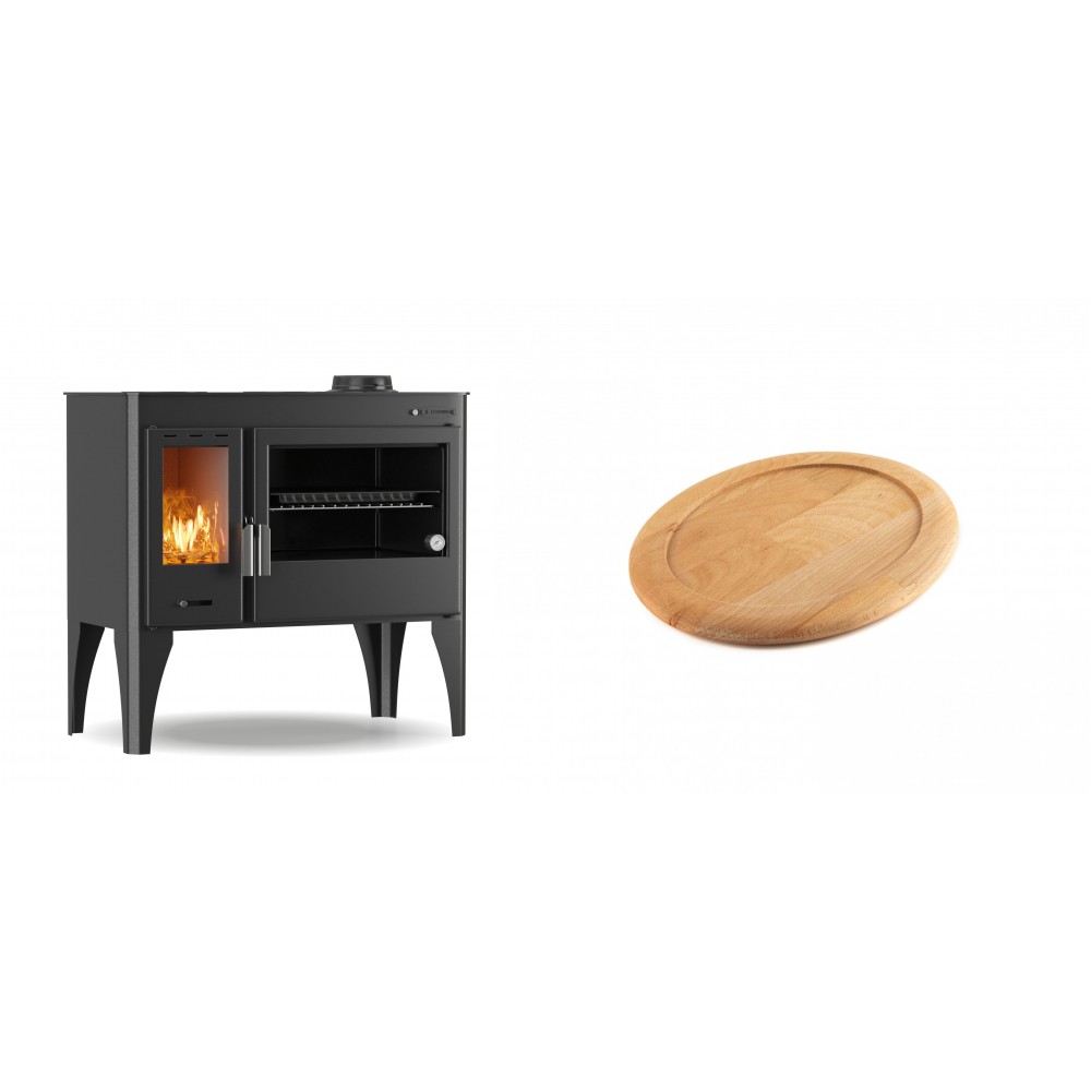 Set Küchenofen / Küchenhexe mit Backofen und Kochplatte Velmora Fire ATS ΜΑSΙΝΑ PLUS 500, 11.2kW + Holz untersetzer für ovale gusseisenpfanne Solagio HSFT1825