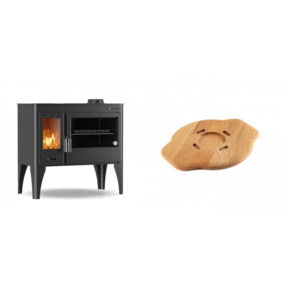 Set Küchenofen / Küchenhexe mit Backofen und Kochplatte Velmora Fire ATS ΜΑSΙΝΑ PLUS 500, 11.2kW + Holz untersetzer für gusseisenplatte Solagio HSYSAK20