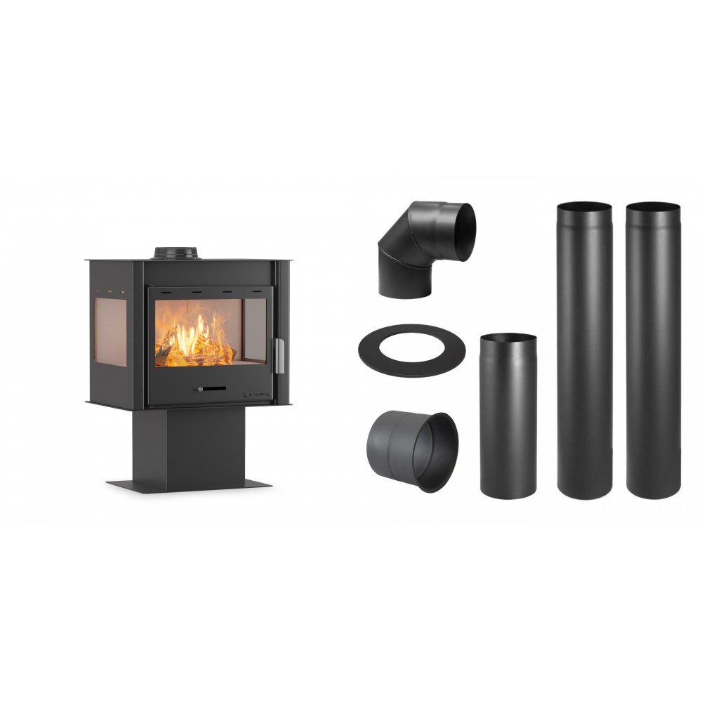 Set Kaminofen, Holzofen Velmora Fire ATS 100 3SIDE, 12.19kW + Schornstein Bausatz PARKANEX, Stahl Ø150, Dicke 2mm