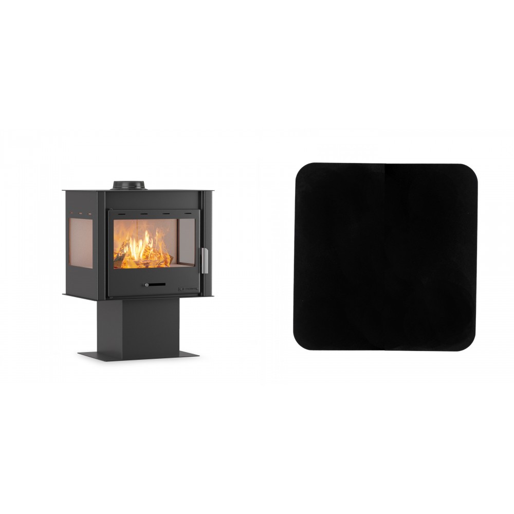 Set Kaminofen, Holzofen Velmora Fire ATS 100 3SIDE, 12.19kW + Funkenschutzplatte Stahl 2mm, Größe 98x98cm