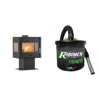 Set Kaminofen, Holzofen Velmora Fire ATS 100 3SIDE, 12.19kW + Elektrischer Aschesauger Ribimex, Modell Cenetì, Fassungsvermögen 15 L - Holzofen