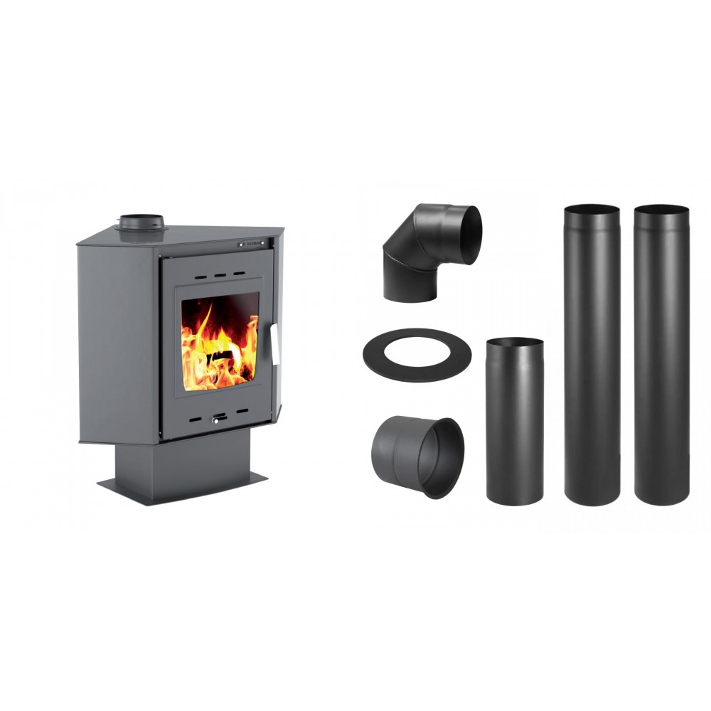 Set Kaminofen, Holzofen Velmora Fire ATS 100 CORNER, 14.11kW + Schornstein Bausatz PARKANEX, Stahl Ø150, Dicke 2mm