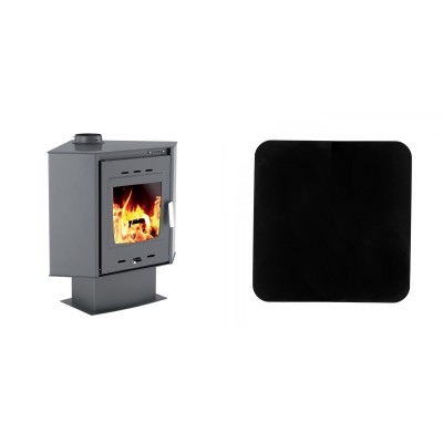 Set Kaminofen, Holzofen Velmora Fire ATS 100 CORNER, 14.11kW + Funkenschutzplatte Stahl 2mm, Größe 98x98cm - Holzofen