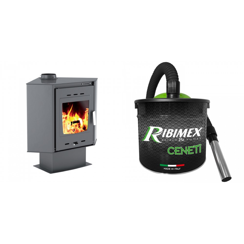 Set Kaminofen, Holzofen Velmora Fire ATS 100 CORNER, 14.11kW + Elektrischer Aschesauger Ribimex, Modell Cenetì, Fassungsvermögen 15 L