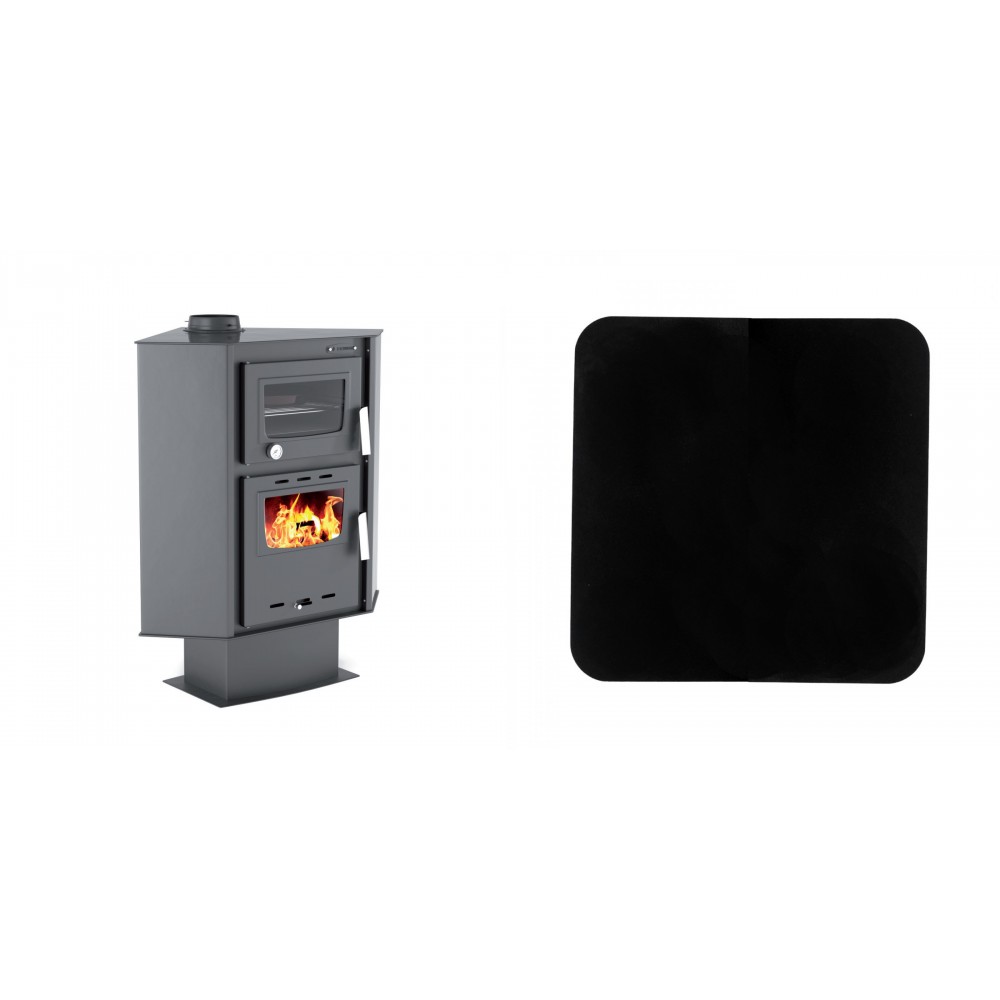 Set Kaminofen, Holzofen mit Backfach Velmora Fire ATS 90-30 CORNER, 18.25kW + Funkenschutzplatte Stahl 2mm, Größe 98x98cm