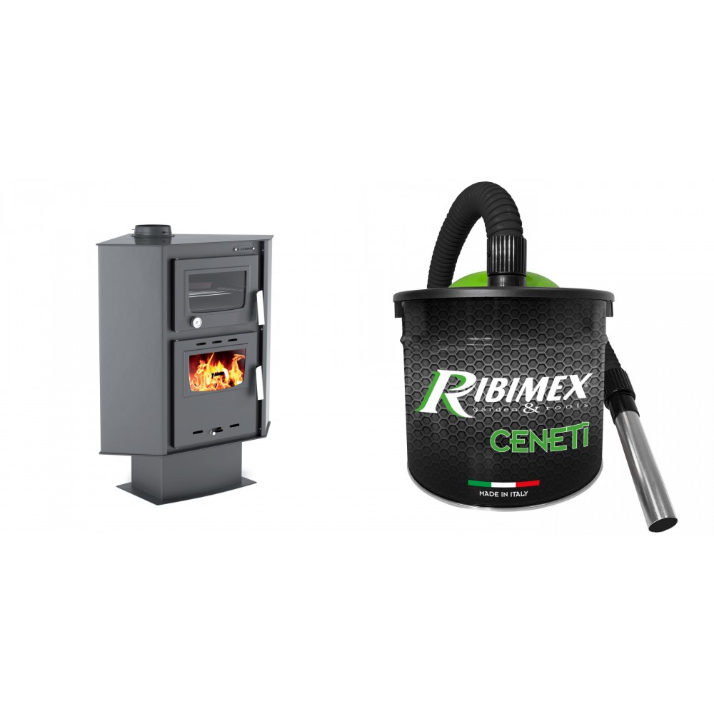 Set Kaminofen, Holzofen mit Backfach Velmora Fire ATS 90-30 CORNER, 18.25kW + Elektrischer Aschesauger Ribimex, Modell Cenetì, Fassungsvermögen 15 L