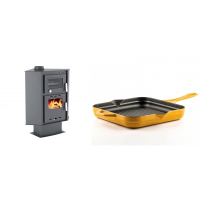 Set Kaminofen, Holzofen mit Backfach Velmora Fire ATS 90-30 CORNER, 18.25kW + Emaillierte grillpfanne Gusseisen Solagio, Dijon, 28х28cm - Kaminofen - Holzofen mit Backfach