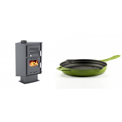 Set Kaminofen, Holzofen mit Backfach Velmora Fire ATS 90-30 CORNER, 18.25kW + Emaillierte grillpfanne Gusseisen Solagio, Bamboo, Ф28cm - Kaminofen - Holzofen mit Backfach