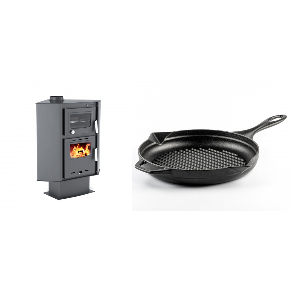 Set Kaminofen, Holzofen mit Backfach Velmora Fire ATS 90-30 CORNER, 18.25kW + Emaillierte grillpfanne Gusseisen Solagio, Black Onyx, Ф28cm