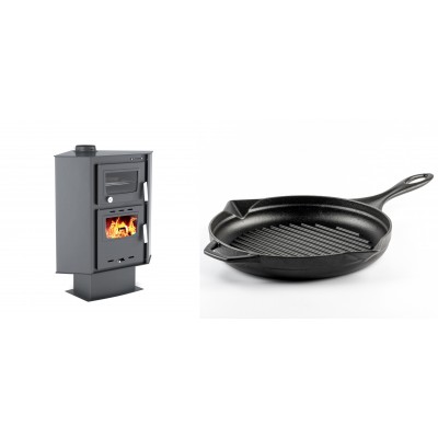 Set Kaminofen, Holzofen mit Backfach Velmora Fire ATS 90-30 CORNER, 18.25kW + Emaillierte grillpfanne Gusseisen Solagio, Black Onyx, Ф28cm - Kaminofen - Holzofen mit Backfach