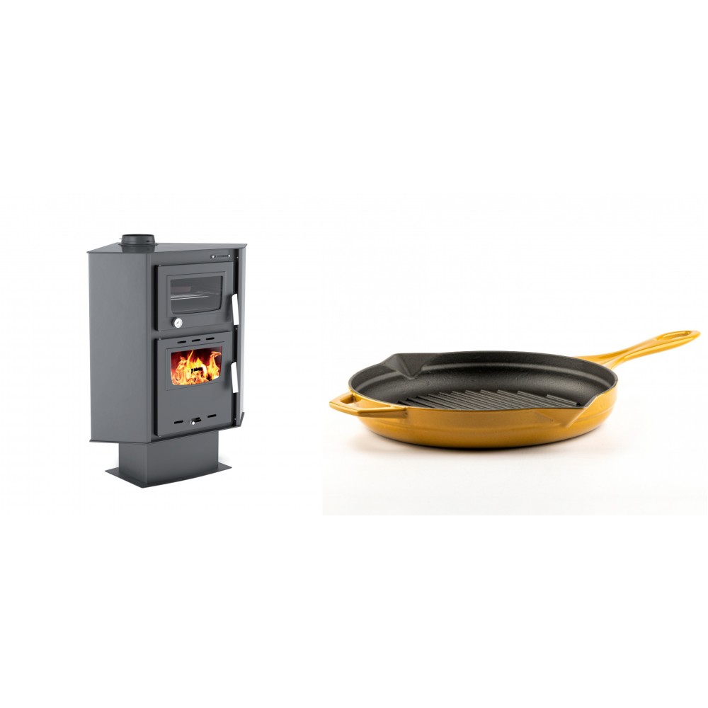 Set Kaminofen, Holzofen mit Backfach Velmora Fire ATS 90-30 CORNER, 18.25kW + Emaillierte grillpfanne Gusseisen Solagio, Dijon, Ф28cm | Holzofen | Kaminofen |