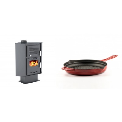Set Kaminofen, Holzofen mit Backfach Velmora Fire ATS 90-30 CORNER, 18.25kW + Emaillierte grillpfanne Gusseisen Solagio, Rubin, Ф24cm - Kaminofen - Holzofen mit Backfach