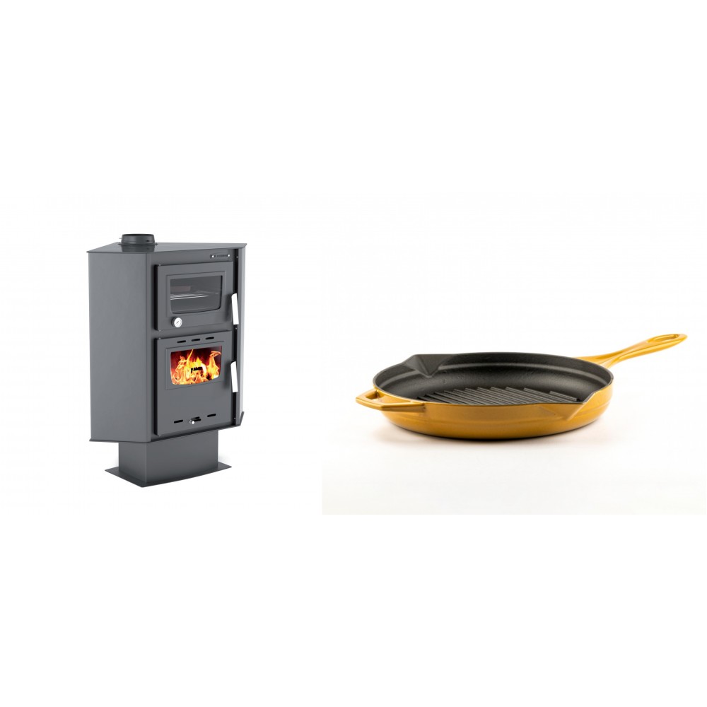 Set Kaminofen, Holzofen mit Backfach Velmora Fire ATS 90-30 CORNER, 18.25kW + Emaillierte grillpfanne Gusseisen Solagio, Dijon, Ф24cm