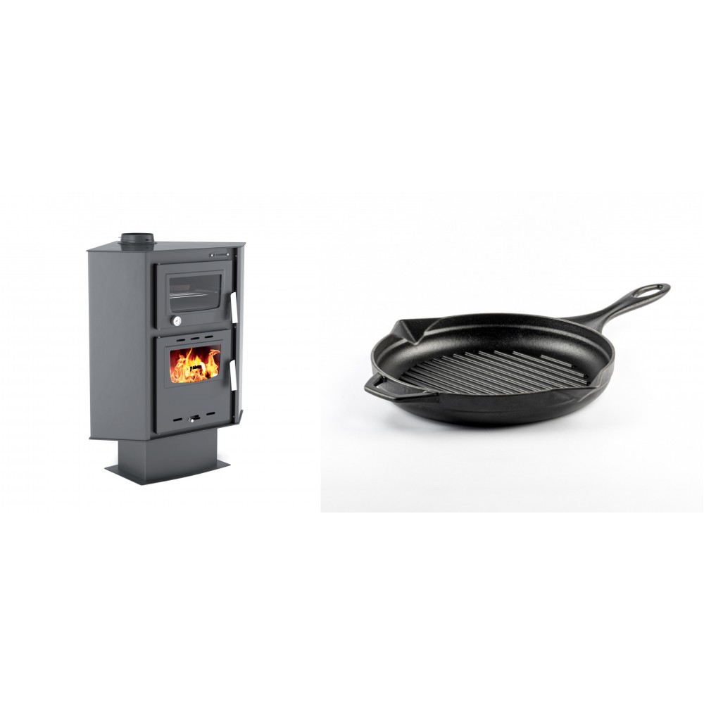 Set Kaminofen, Holzofen mit Backfach Velmora Fire ATS 90-30 CORNER, 18.25kW + Emaillierte grillpfanne Gusseisen Solagio, Black Onyx, Ф24cm
