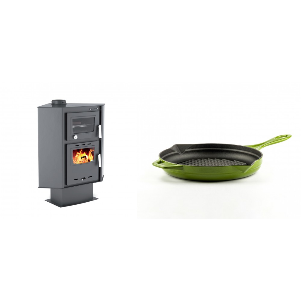 Set Kaminofen, Holzofen mit Backfach Velmora Fire ATS 90-30 CORNER, 18.25kW + Emaillierte grillpfanne Gusseisen Solagio, Bamboo, Ф24cm | Holzofen | Kaminofen |