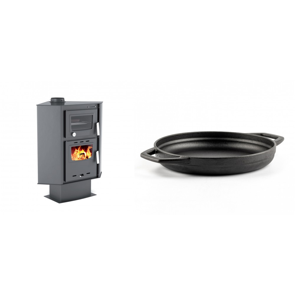 Set Kaminofen, Holzofen mit Backfach Velmora Fire ATS 90-30 CORNER, 18.25kW + Emaillierte gusseisenpfanne mit zwei Griffen Solagio, Black Onyx, Ф22cm