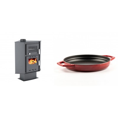 Set Kaminofen, Holzofen mit Backfach Velmora Fire ATS 90-30 CORNER, 18.25kW + Emaillierte gusseisenpfanne mit zwei Griffen Solagio, Rubin, Ф22cm - Kaminofen - Holzofen mit Backfach