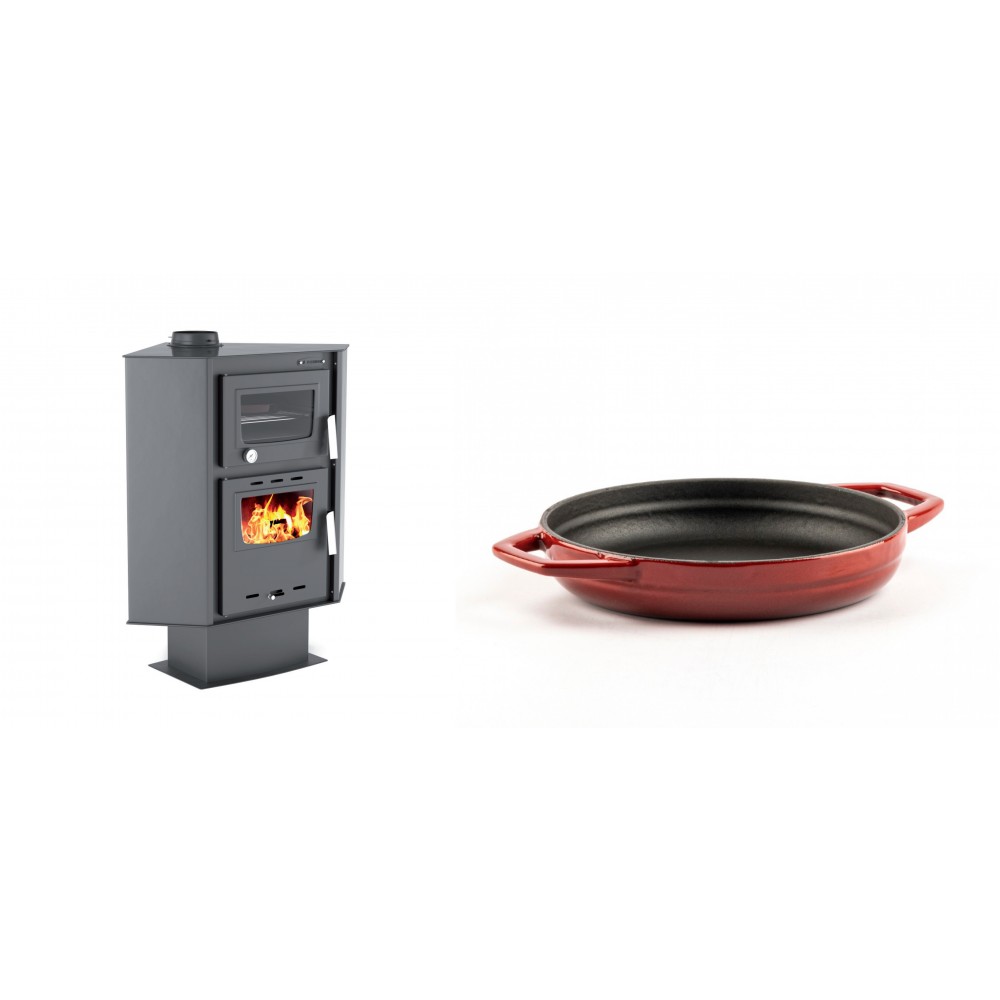 Set Kaminofen, Holzofen mit Backfach Velmora Fire ATS 90-30 CORNER, 18.25kW + Emaillierte gusseisenpfanne mit zwei Griffen Solagio, Rubin, Ф19cm