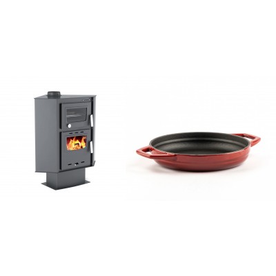 Set Kaminofen, Holzofen mit Backfach Velmora Fire ATS 90-30 CORNER, 18.25kW + Emaillierte gusseisenpfanne mit zwei Griffen Solagio, Rubin, Ф19cm - Kaminofen - Holzofen mit Backfach