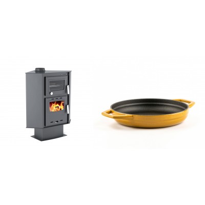 Set Kaminofen, Holzofen mit Backfach Velmora Fire ATS 90-30 CORNER, 18.25kW + Emaillierte gusseisenpfanne mit zwei Griffen Solagio, Dijon, Ф19cm - Kaminofen - Holzofen mit Backfach