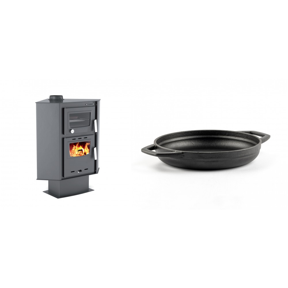 Set Kaminofen, Holzofen mit Backfach Velmora Fire ATS 90-30 CORNER, 18.25kW + Emaillierte gusseisenpfanne mit zwei Griffen Solagio, Black Onyx, Ф19cm