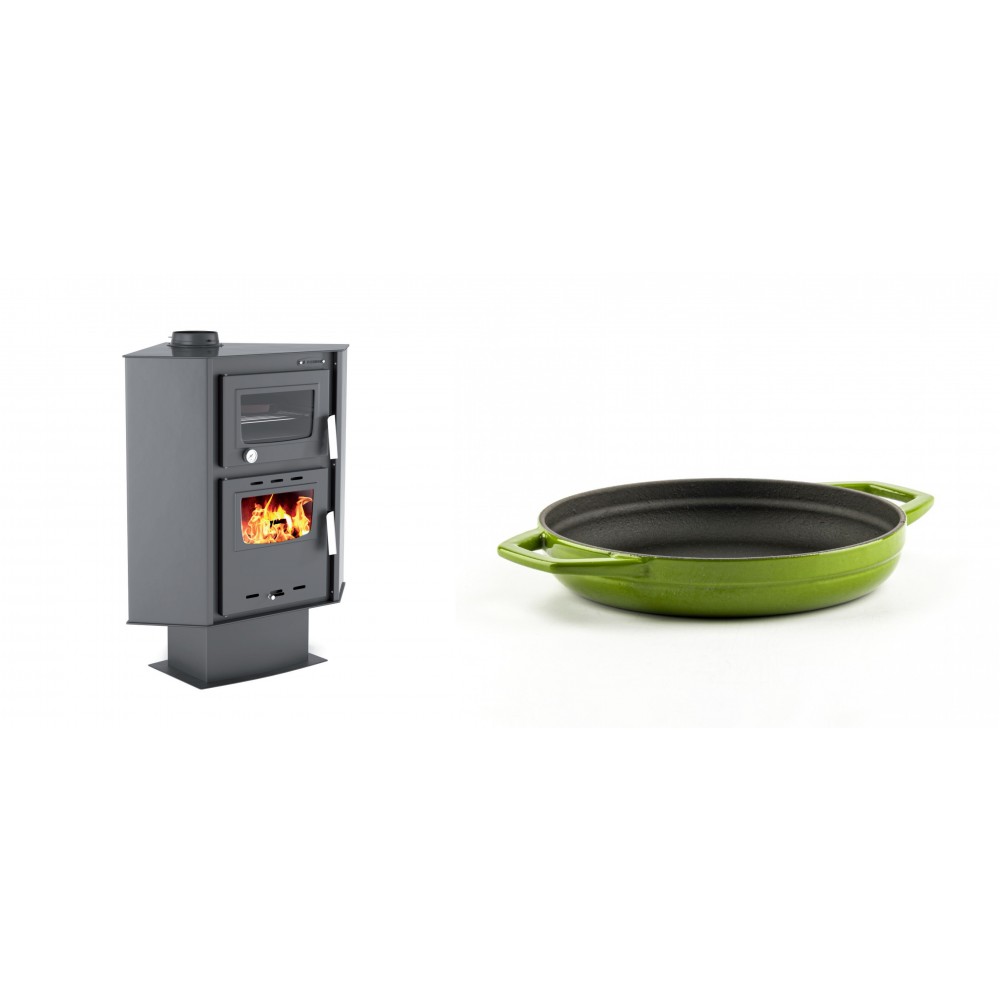 Set Kaminofen, Holzofen mit Backfach Velmora Fire ATS 90-30 CORNER, 18.25kW + Emaillierte gusseisenpfanne mit zwei Griffen Solagio, Bamboo, Ф19cm | Holzofen | Kaminofen |