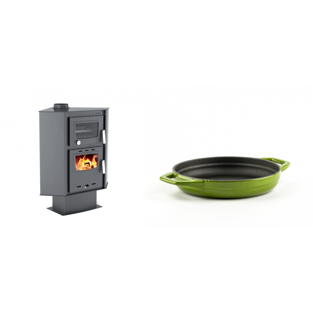 Set Kaminofen, Holzofen mit Backfach Velmora Fire ATS 90-30 CORNER, 18.25kW + Emaillierte gusseisenpfanne mit zwei Griffen Solagio, Bamboo, Ф16cm | Holzofen | Kaminofen |