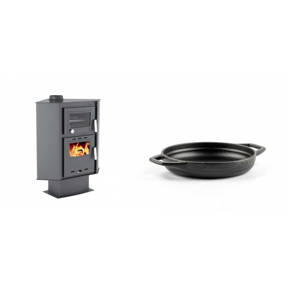 Set Kaminofen, Holzofen mit Backfach Velmora Fire ATS 90-30 CORNER, 18.25kW + Emaillierte gusseisenpfanne mit zwei Griffen Solagio, Black Onyx, Ф16cm | Holzofen | Kaminofen |