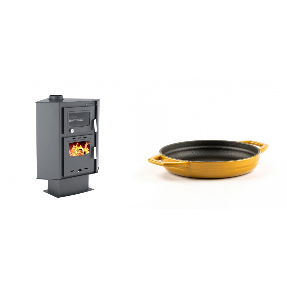 Set Kaminofen, Holzofen mit Backfach Velmora Fire ATS 90-30 CORNER, 18.25kW + Emaillierte gusseisenpfanne mit zwei Griffen Solagio, Dijon, Ф16cm | Holzofen | Kaminofen |