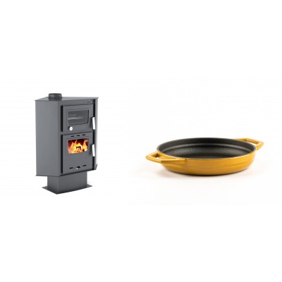 Set Kaminofen, Holzofen mit Backfach Velmora Fire ATS 90-30 CORNER, 18.25kW + Emaillierte gusseisenpfanne mit zwei Griffen Solagio, Dijon, Ф16cm - Kaminofen - Holzofen mit Backfach