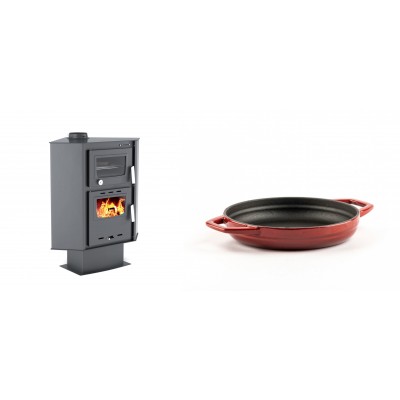 Set Kaminofen, Holzofen mit Backfach Velmora Fire ATS 90-30 CORNER, 18.25kW + Emaillierte gusseisenpfanne mit zwei Griffen Solagio, Rubin, Ф16cm - Kaminofen - Holzofen mit Backfach