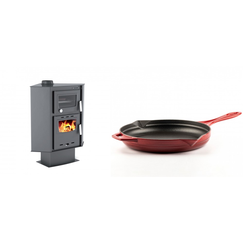 Set Kaminofen, Holzofen mit Backfach Velmora Fire ATS 90-30 CORNER, 18.25kW + Emaillierte Gusseisenpfanne Solagio, Rubin, Ф28cm