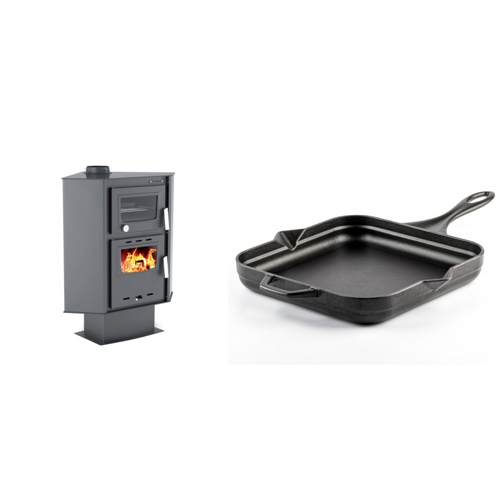 Set Kaminofen, Holzofen mit Backfach Velmora Fire ATS 90-30 CORNER, 18.25kW + Emaillierte Gusseisenpfanne Solagio, Black Onyx, 28x28cm