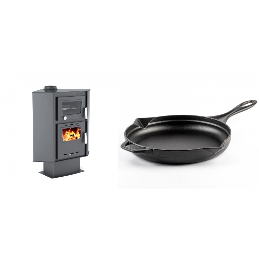 Set Kaminofen, Holzofen mit Backfach Velmora Fire ATS 90-30 CORNER, 18.25kW + Emaillierte Gusseisenpfanne Solagio, Black Onyx, Ф28cm