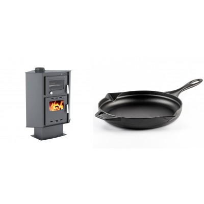 Set Kaminofen, Holzofen mit Backfach Velmora Fire ATS 90-30 CORNER, 18.25kW + Emaillierte Gusseisenpfanne Solagio, Black Onyx, Ф28cm - Kaminofen - Holzofen mit Backfach